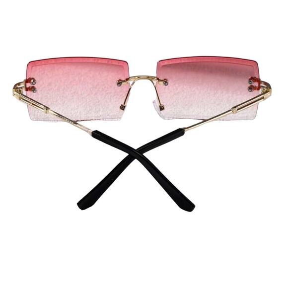 VINTAGE Rimless Rectangular Pink Tinted Fashion Sunglasses Gold Frame Unisex NEW - Picture 6 of 8